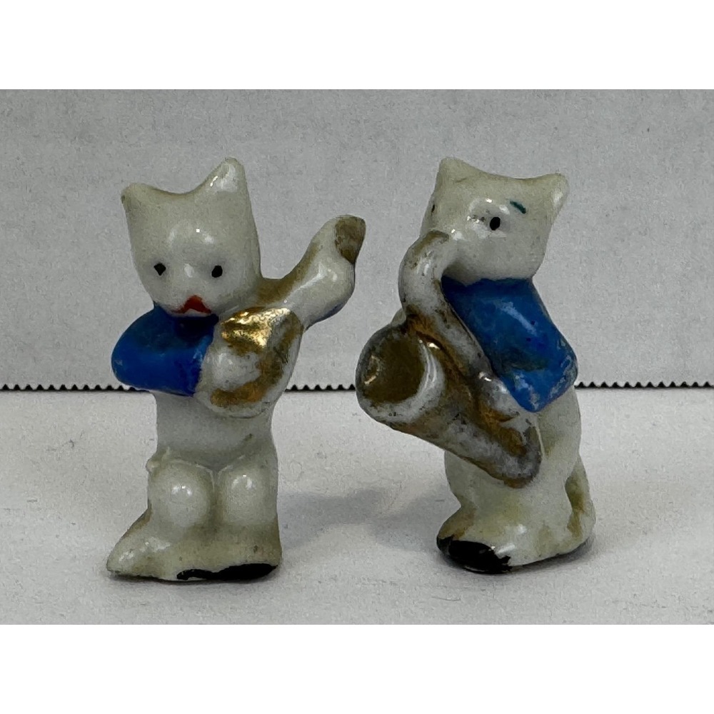 Vintage Miniature Porcelain Cats Playing Saxophone and Flute Made in Japan Set 2